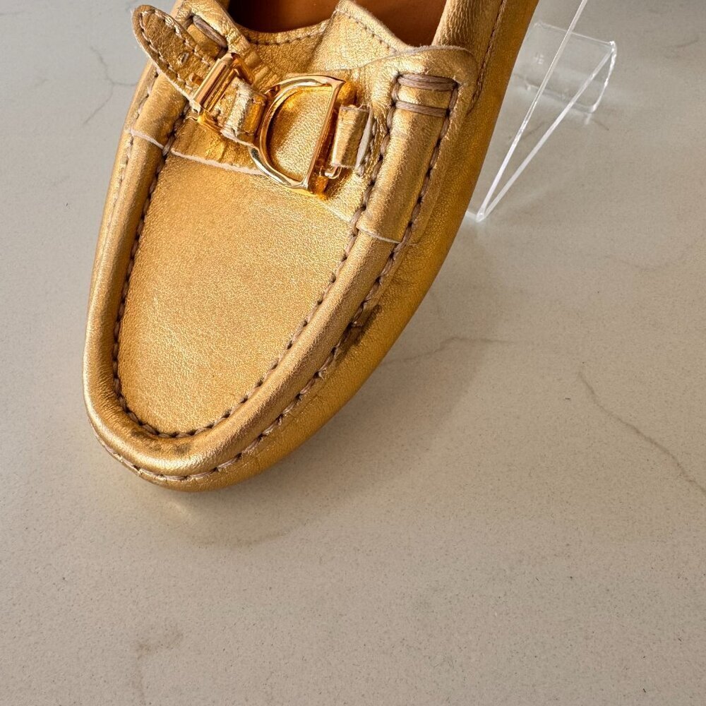 Ralph Lauren Purple Label Laine Driving Flats Gold Nappa Leather - Picture 9 of 11